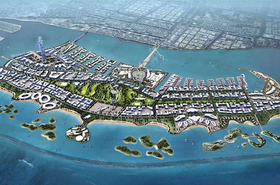 Aerial masterplan visualisation of Lulu Island, Abu Dhabi — low-rise residential districts, public beaches, a marina at the eastern end, a landmark tower and a bridge to the mainland, with the Abu Dhabi Corniche across the channel.